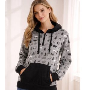 LITTLE BIPSY Moose Gray & Black Bear Elk Animal Print Half-Zip Hoodie S NWOT